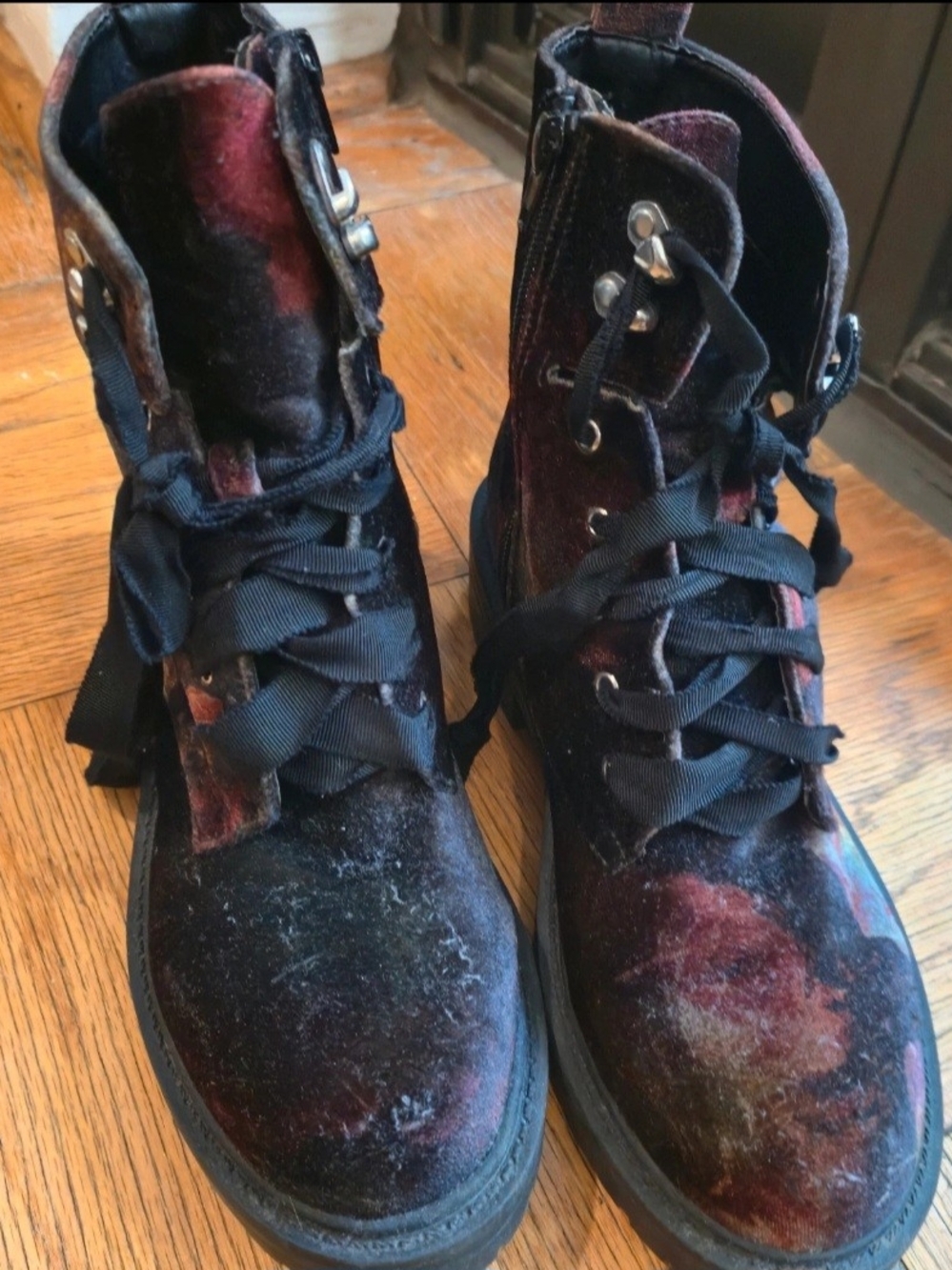 Steve Madden Velvet Lace-Up Ankle Boots in Burgundy and Black - Picture 1 of 9